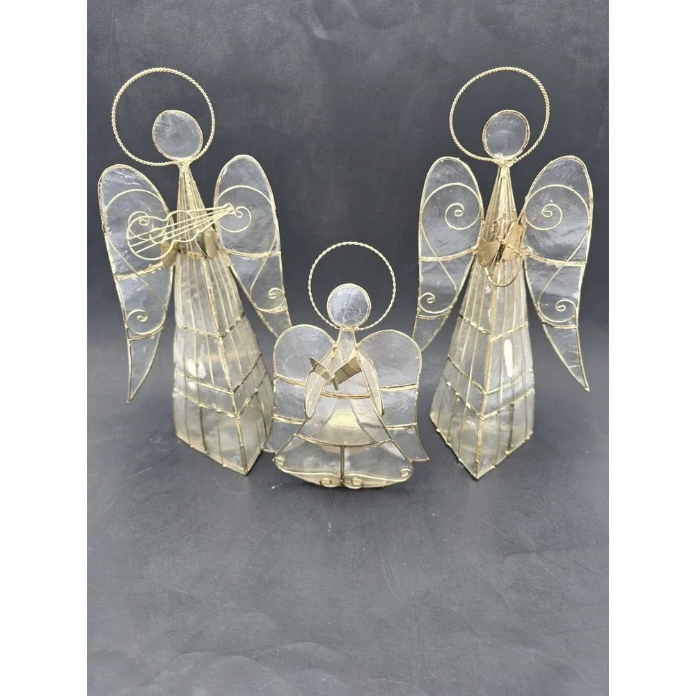Capiz Shell Angel Tea Light Candle Holder Set Of 3 Gold Tone Wire Harp Book